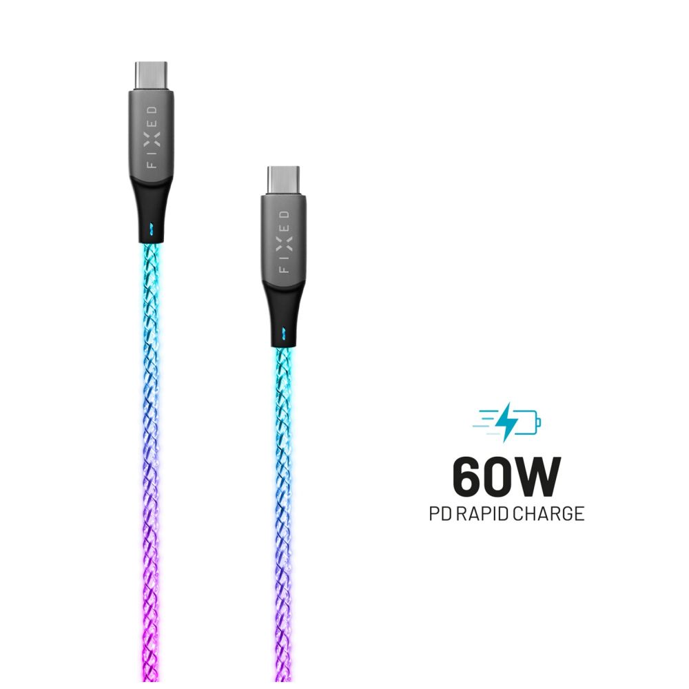 Svítící nabíjecí kabel s konektory USB-C/USB-C a podporou PD, 1,2 metr, 60W, duhový