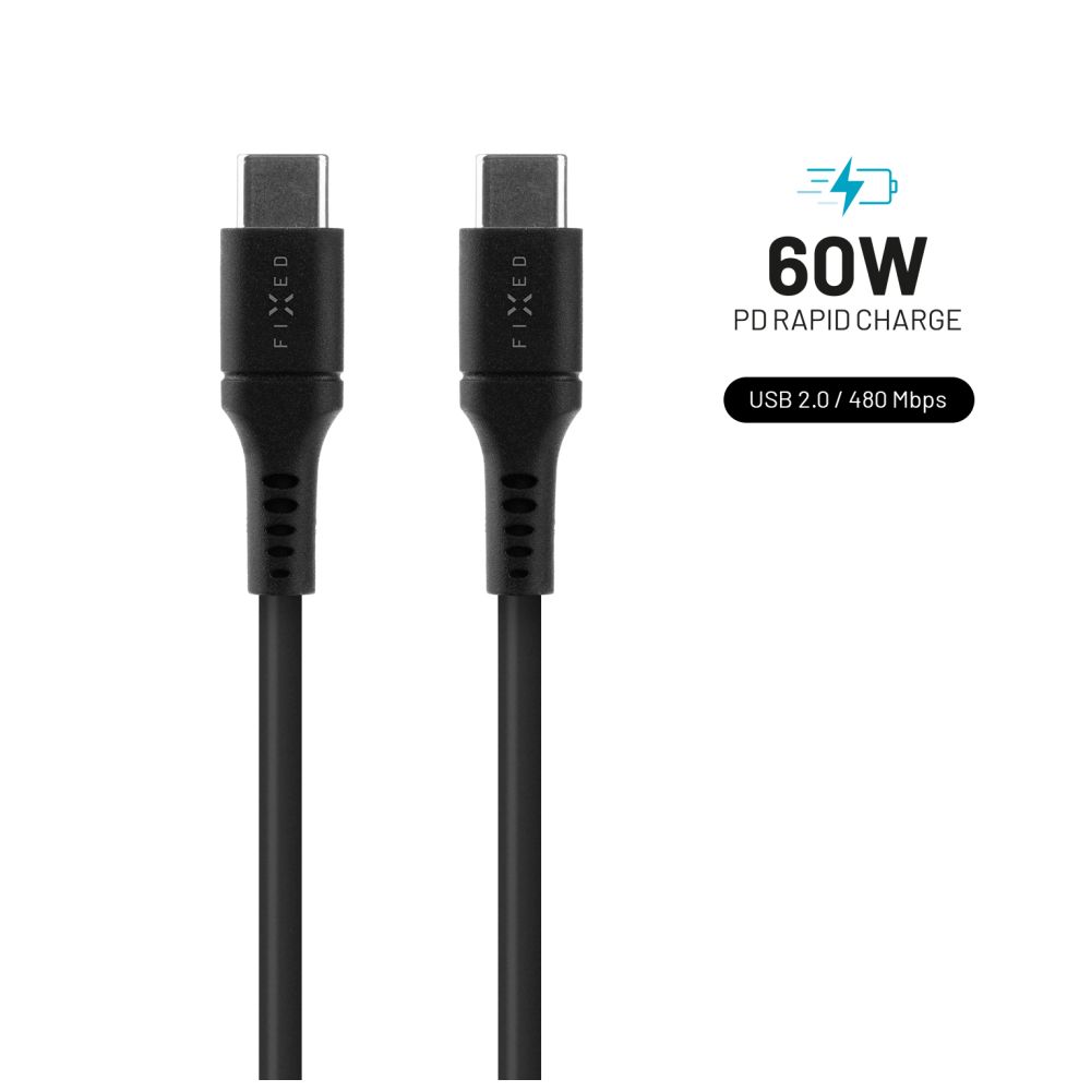 Nabíjecí a datový Liquid silicone kabel s konektory USB-C/USB-C a podporou PD, 1.2m, USB 2.0, 60W, černý