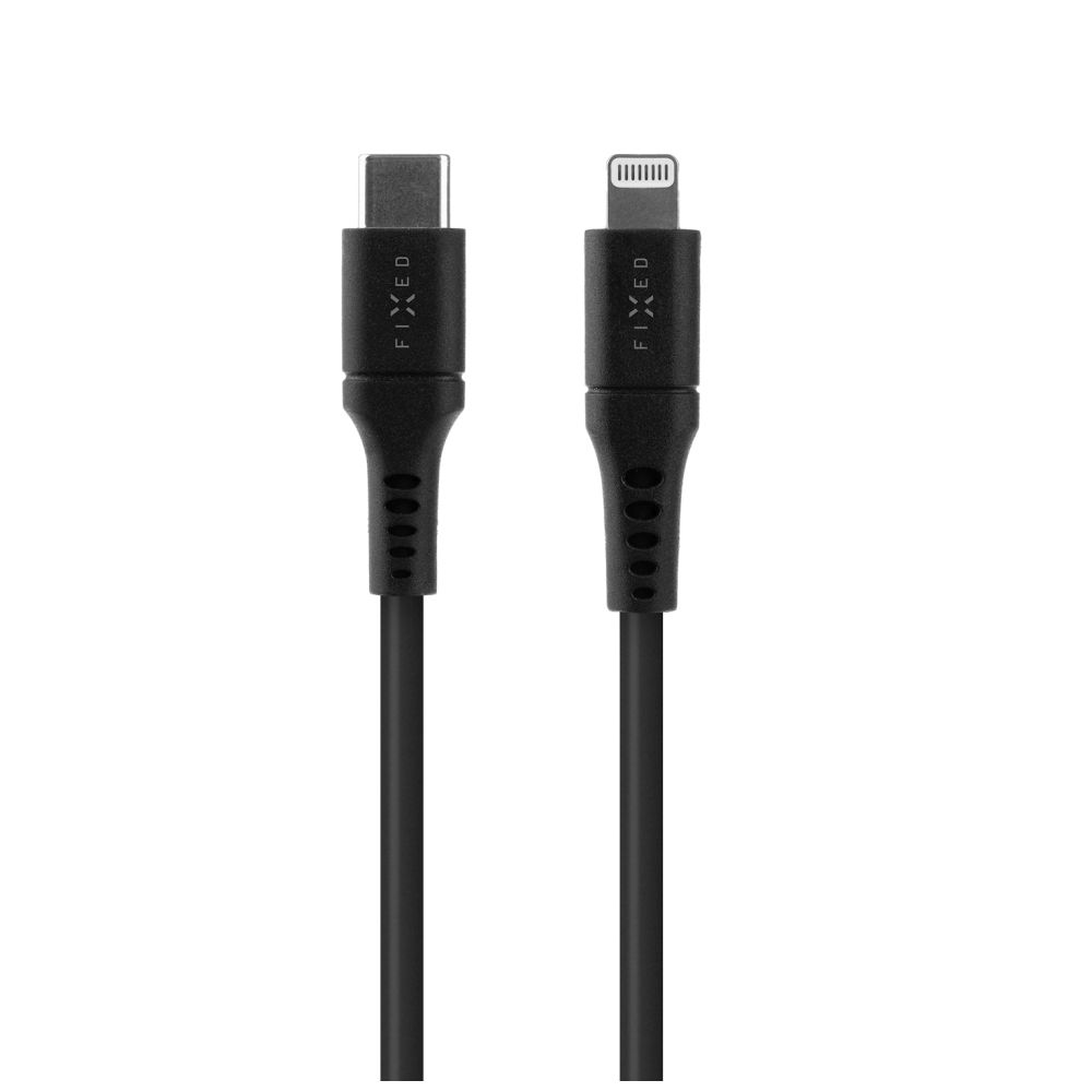 Krátký nabíjecí a datový Liquid silicone kabel s konektory USB-C/Lightning a podporou PD, 0.5m, MFI, černý
