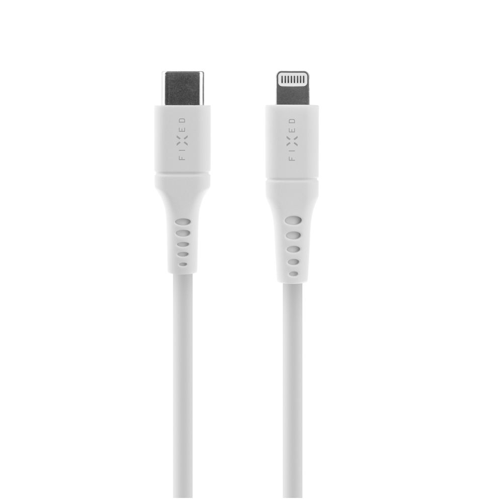 Krátký nabíjecí a datový Liquid silicone kabel s konektory USB-C/Lightning a podporou PD, 0.5m, MFI, bílý