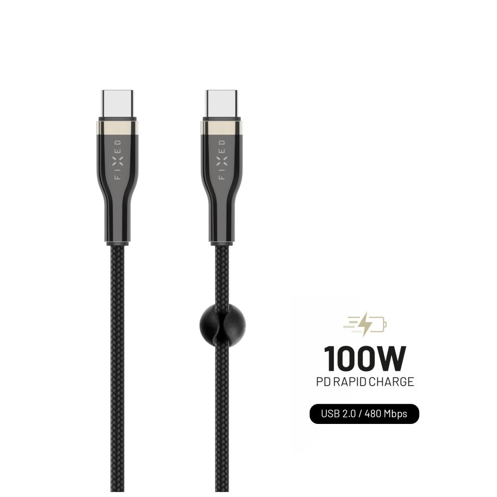 Nabíjecí a datový opletený kabel s konektory USB-C/USB-C a podporou PD, 1.2m, USB 2.0, 100W, černý