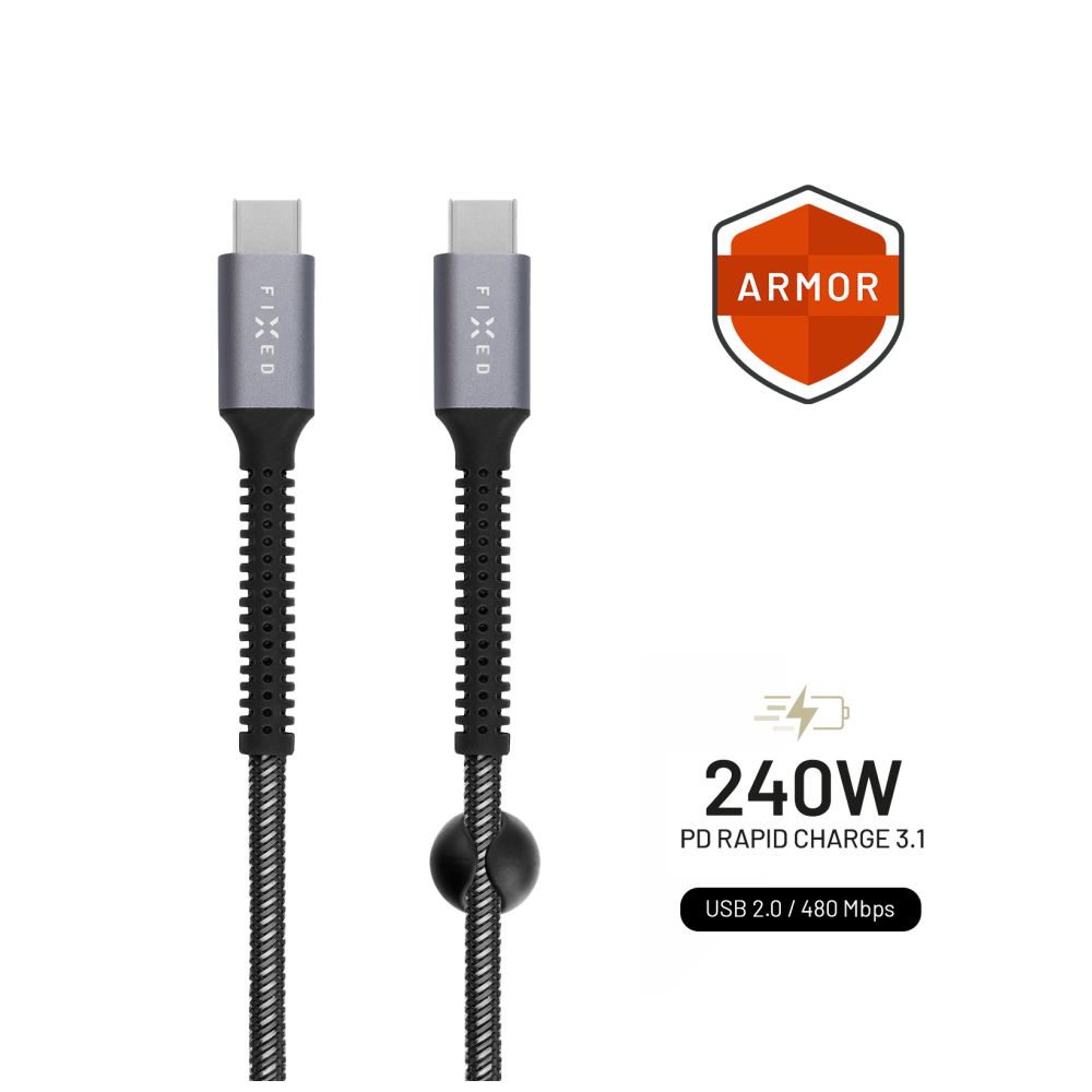 Nabíjecí a datový odolný kabel Armor s konektory USB-C/USB-C a podporou PD, 1.2 m, USB 2.0, 240W, šedý