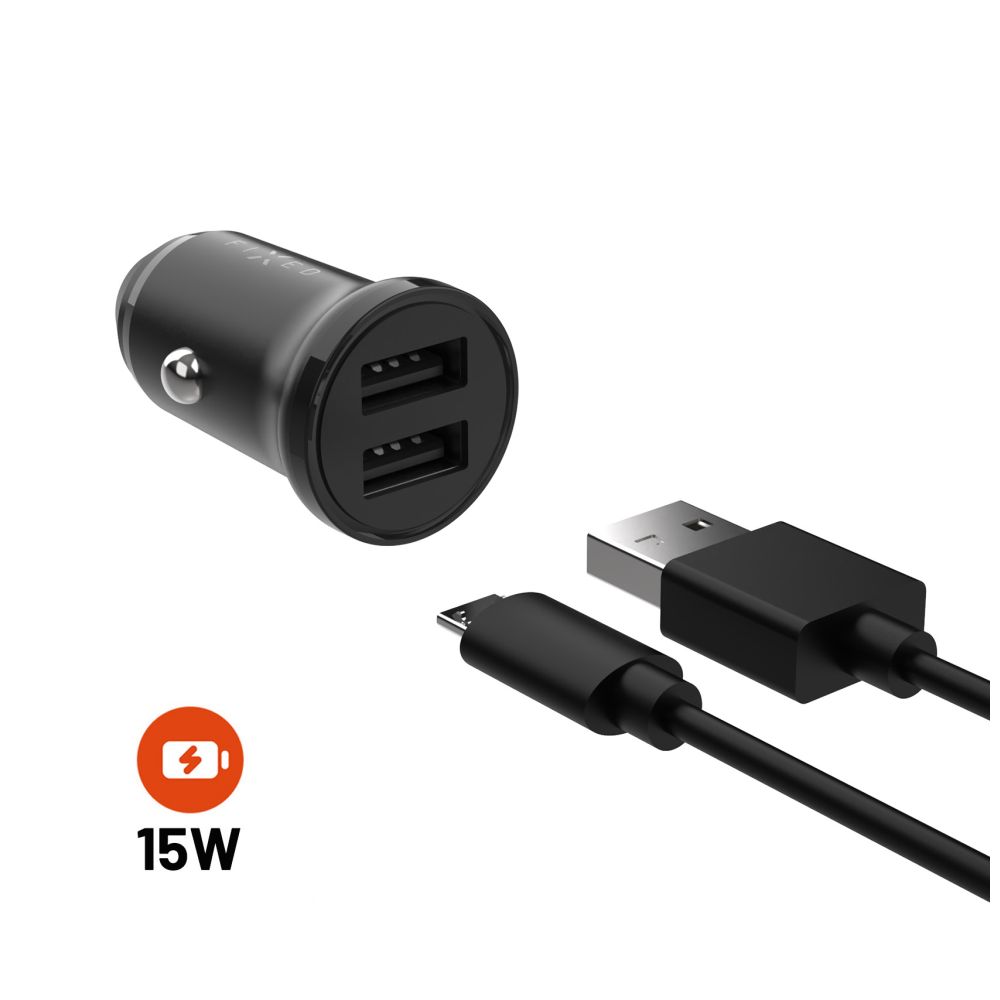 Set autonabíječky s 2xUSB výstupem a USB/micro USB kabelu, 1 metr, 15W Smart Rapid Charge, černá