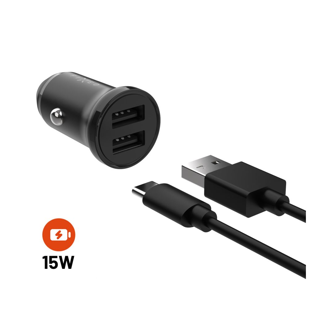 Set autonabíječky s 2xUSB výstupem a USB/USB-C kabelu, 1 metr, 15W Smart Rapid Charge, černá