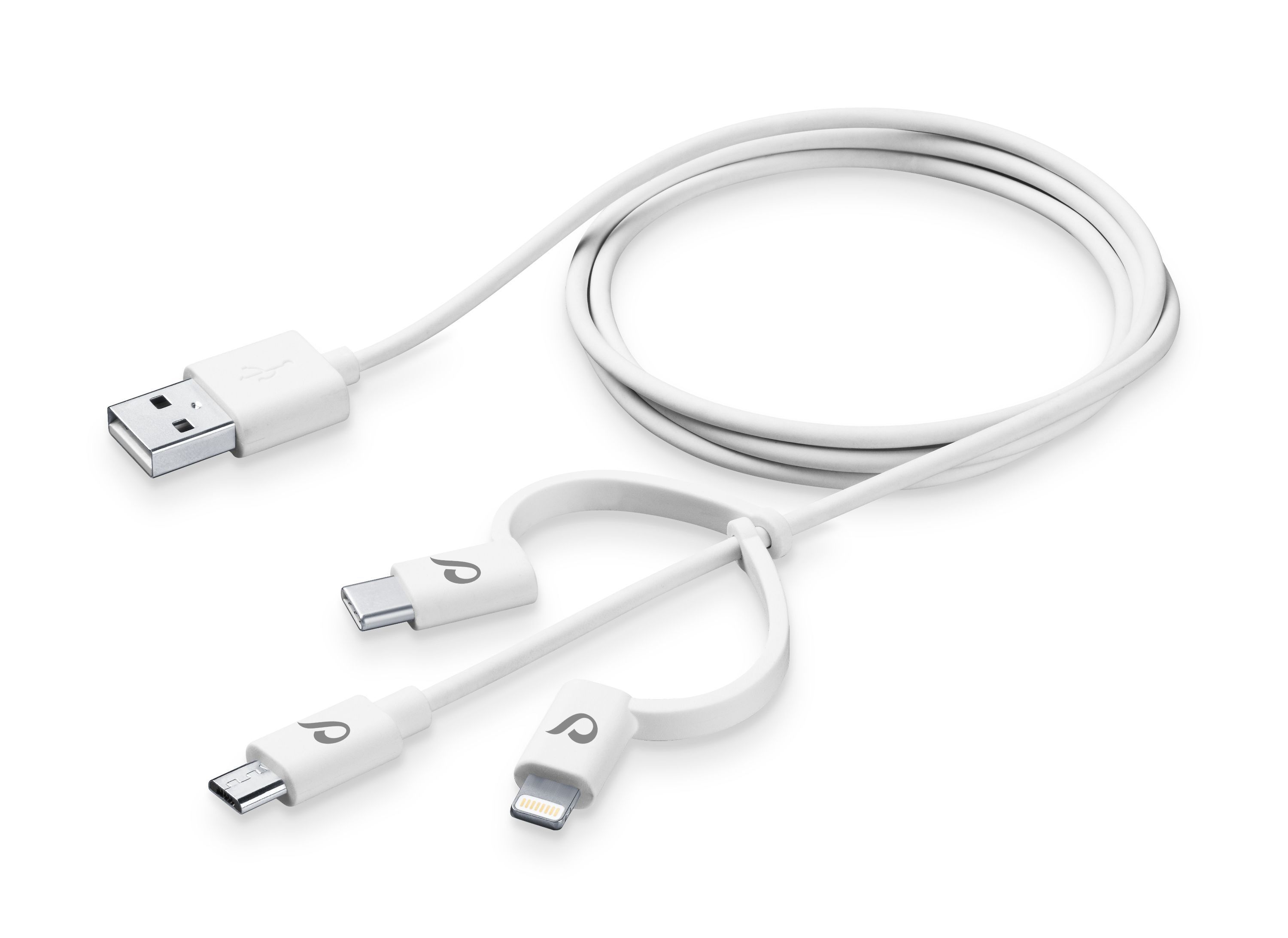 USB kabel se třemi adaptéry Lightning + Micro USB + USB-C, bílý