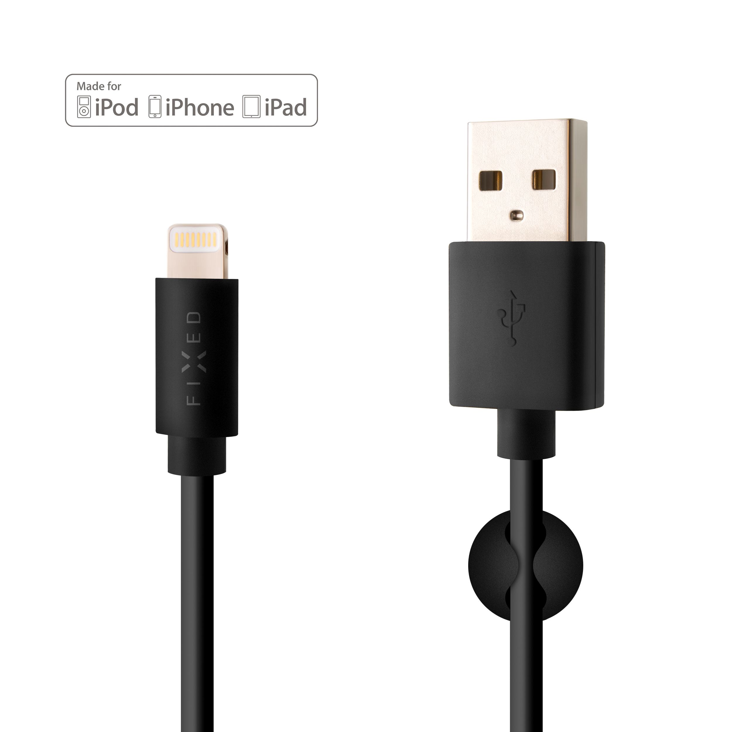 Dlouhý datový a nabíjecí kabel s konektory USB/Lightning, 2 metry, MFI certifikace, černý