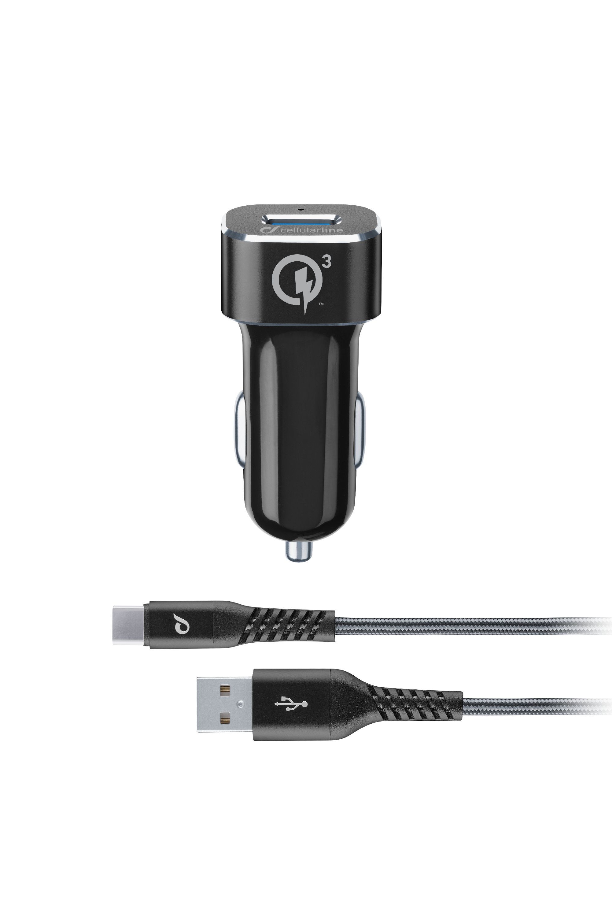 Set USB autonabíječky a odolného USB-C kabelu Tetra Force 18W, Qualcomm® Quick Charge 3.0, černá
