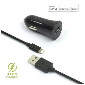 FIXED USB Car Charger 12W+ USB/Lightning Cable, black