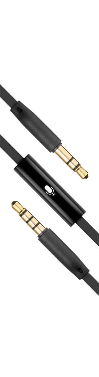 Plochý audio AUX kábel FIXED s konektormi 2 x 3,5 mm jack s mikrofónom, čierny