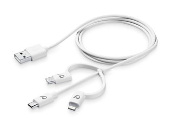 USB kábel CellularLine s tromi adaptérmi Lightning + micro USB + USB-C, biely