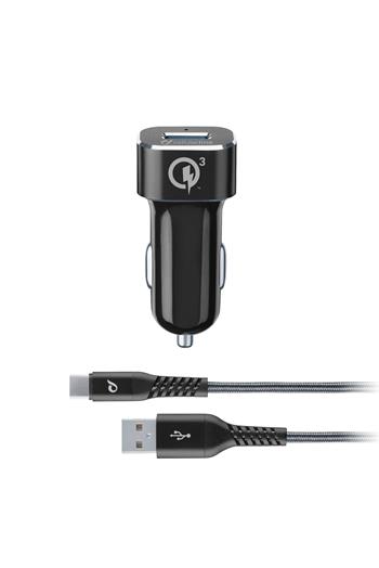 Set USB-Autoladegerät und langlebiges USB-C-Kabel Cellularline Tetra Force 18W, Qualcomm® Quick Charge 3.0, schwarz