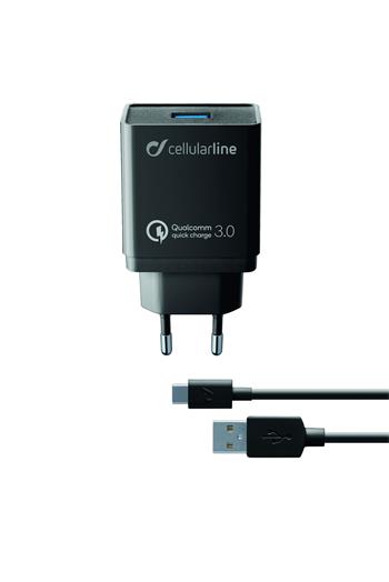 Nabíjecí set USB adaptéra a USB-C kábla CellularLine, Qualcomm® Quick Charge ™ 3.0, 18W, čierny