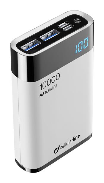 % 0Kompakte Powerbank Cellularline FreePower Manta HD 10000mAh, Smartphone-Erkennung, USB-C + 2xUSB-Anschluss, weiß