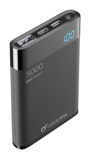 % 0Kompakte Powerbank Cellularline FreePower Manta HD, 5000 mAh, Blitz + USB-C-Anschluss, MFI-Zertifizierung, schwarz