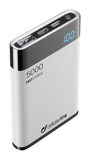 % 0Kompakte Powerbank Cellularline FreePower Manta HD, 5000 mAh, Blitz + USB-C-Anschluss, MFI-Zertifizierung, weiß