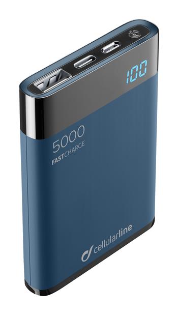 % 0Kompakte Powerbank Cellularline FreePower Manta HD, 5000 mAh, USB-C + USB-Anschluss, Schnellladung, blau