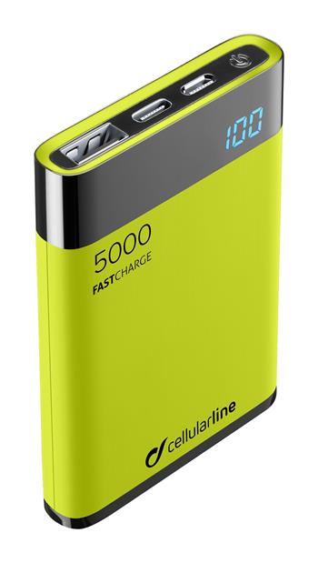Compact power bank Cellularline FreePower Manta HD, 5000 mAh, USB-C + USB port, fast charging, green