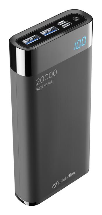 % 0Kompakte Powerbank Cellularline FreePower Manta HD 20000mAh, Smartphone-Erkennung, USB-C + 2xUSB-Anschluss, schwarz