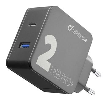 Cellularline Multipower 2 PRO mains charger + with Smartphone Detect technology, USB-C + USB port, 36W, black