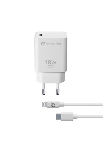 Set Cellularline-Ladegerät mit USB-C-Anschluss und Lightning-Kabel, Power Delivery (PD), 18 W, MFI-Zertifizierung, weiß