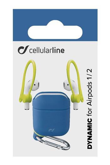 Ochranný kryt s karabinou Cellularline Dynamic pro Apple AirPods 1&2 s nástavci za ucho, modrý