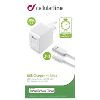 CelllularLine Travel Charger with Data Cable and Apple Lightning Connector, 2A, Unpacked
