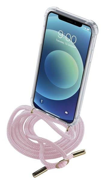 Transparentný zadný kryt Cellularline Neck-Case s ružovou šnúrkou na krk pre Apple iPhone 12 Mini