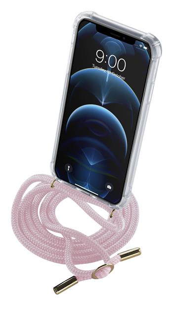 Transparentný zadný kryt Cellularline Neck-Case s ružovou šnúrkou na krk pre Apple iPhone 12 Pro