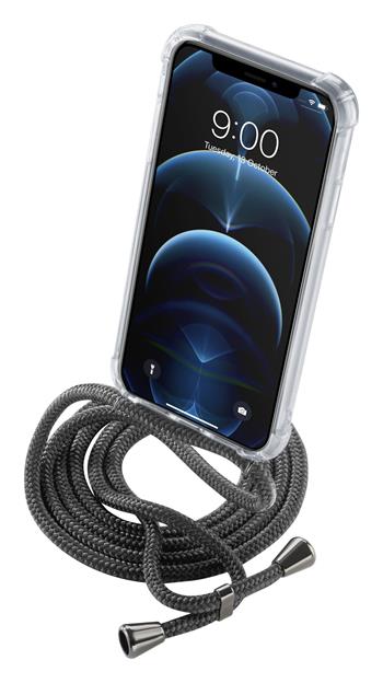 Transparentný zadný kryt Cellularline Neck-Case s čiernou šnúrkou na krk pre Apple iPhone 12 Pro Max