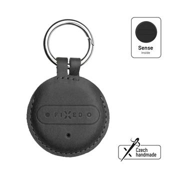 FIXED Sense smart tracker with black leather case and carabiner