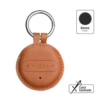 FIXED Sense smart tracker with brown leather case and carabiner
