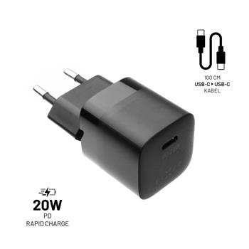 Set FIXED Mini mains charger with USB-C output and USB-C/USB-C cable, PD support, 1 meter, 20W, black