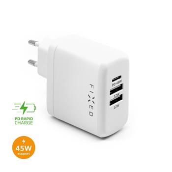 FIXED mains charger with USB-C and 2xUSB output, PD support, 45W, white, unpacked