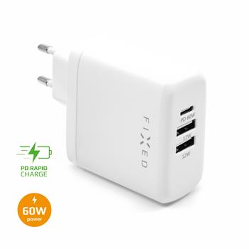 FIXED mains charger with USB-C and 2xUSB output, PD support, 60W, white, unpacked