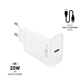 Set of FIXED mains charger with USB-C output and USB-C/Lightning cable, PD support, 1 meter, MFI, 20W, white, unpacke
