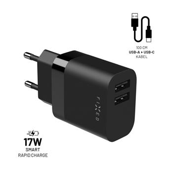 FIXED Dual USB Travel Charger 17W + USB/USB-C Cable, black
