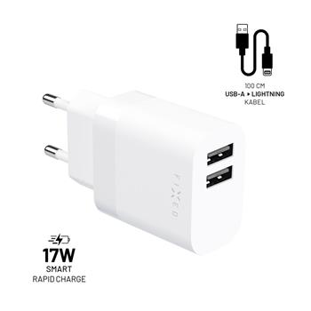 FIXED network charger set with 2xUSB output and USB/Lightning cable, 1 meter, 17W Smart Rapid Charge, white
