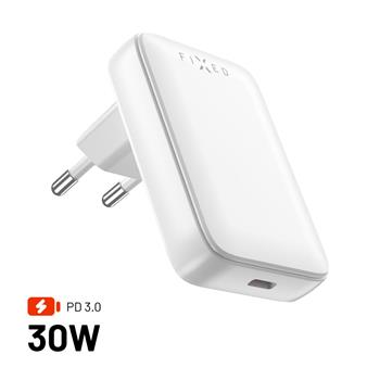 Síťová GaN nabíječka FIXED Slim s USB-C výstupem a podporou PD, 30W, bílá