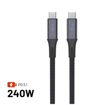 Nabíjecí a datový opletený kabel FIXED s konektory USB-C/USB-C, PD 3.1, 1.2 m, USB4gen2 20Gbps, 4K60Hz, 240W, šedý