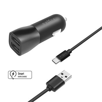 Set autonabíječky FIXED s 2xUSB výstupem a USB/USB-C kabelu, 1 metr, 15W Smart Rapid Charge, černá,rozbaleno